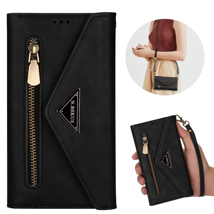 Estuche de cuero con tapa horizontal y cremallera con sensación de piel con soporte y ranuras para tarjetas y marco de fotos y cordón y cuerda larga