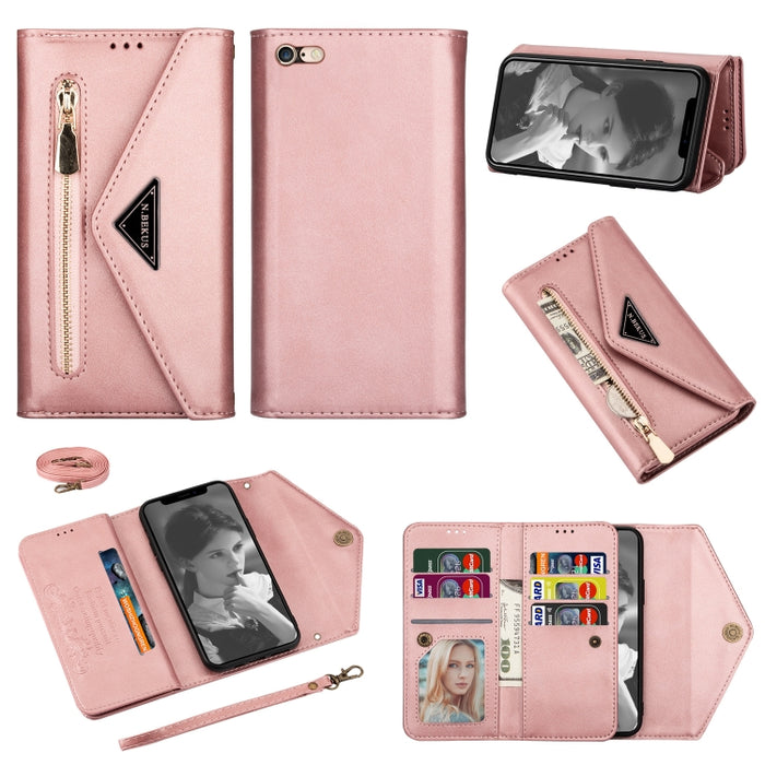 Estuche de cuero con tapa horizontal y cremallera con sensación de piel con soporte y ranuras para tarjetas y marco de fotos y cordón y cuerda larga