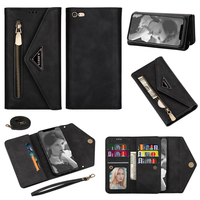 Estuche de cuero con tapa horizontal y cremallera con sensación de piel con soporte y ranuras para tarjetas y marco de fotos y cordón y cuerda larga
