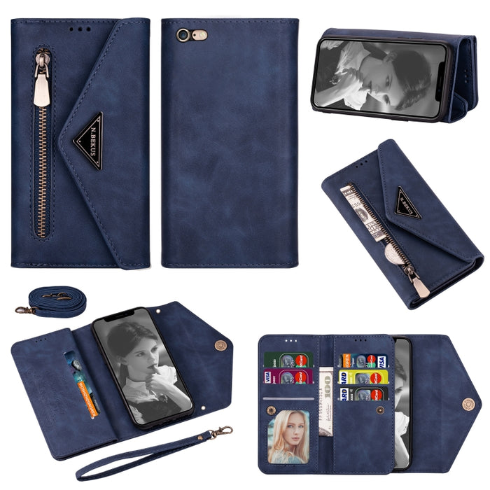 Estuche de cuero con tapa horizontal y cremallera con sensación de piel con soporte y ranuras para tarjetas y marco de fotos y cordón y cuerda larga