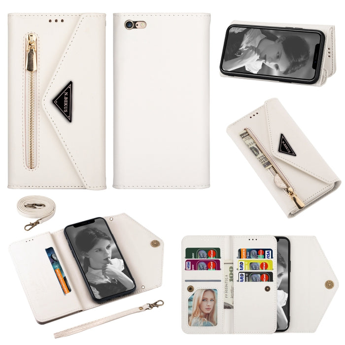 Estuche de cuero con tapa horizontal y cremallera con sensación de piel con soporte y ranuras para tarjetas y marco de fotos y cordón y cuerda larga