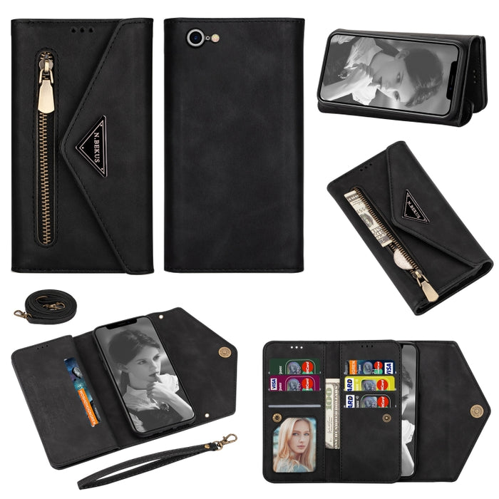 Estuche de cuero con tapa horizontal y cremallera con sensación de piel con soporte y ranuras para tarjetas y marco de fotos y cordón y cuerda larga