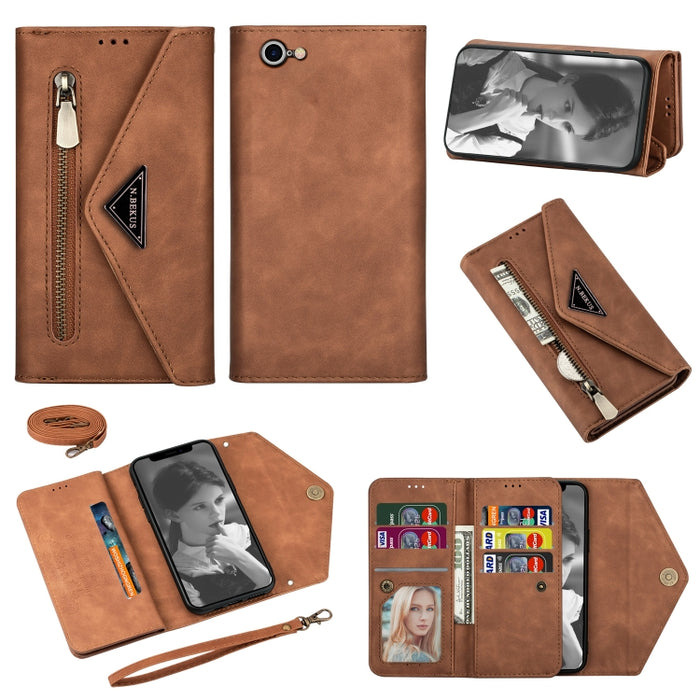 Estuche de cuero con tapa horizontal y cremallera con sensación de piel con soporte y ranuras para tarjetas y marco de fotos y cordón y cuerda larga