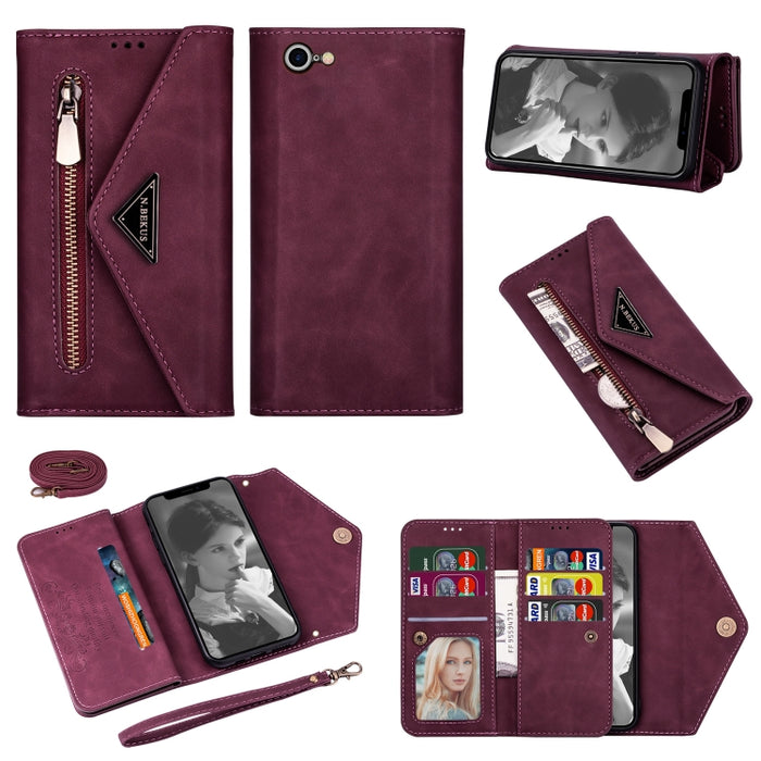 Estuche de cuero con tapa horizontal y cremallera con sensación de piel con soporte y ranuras para tarjetas y marco de fotos y cordón y cuerda larga