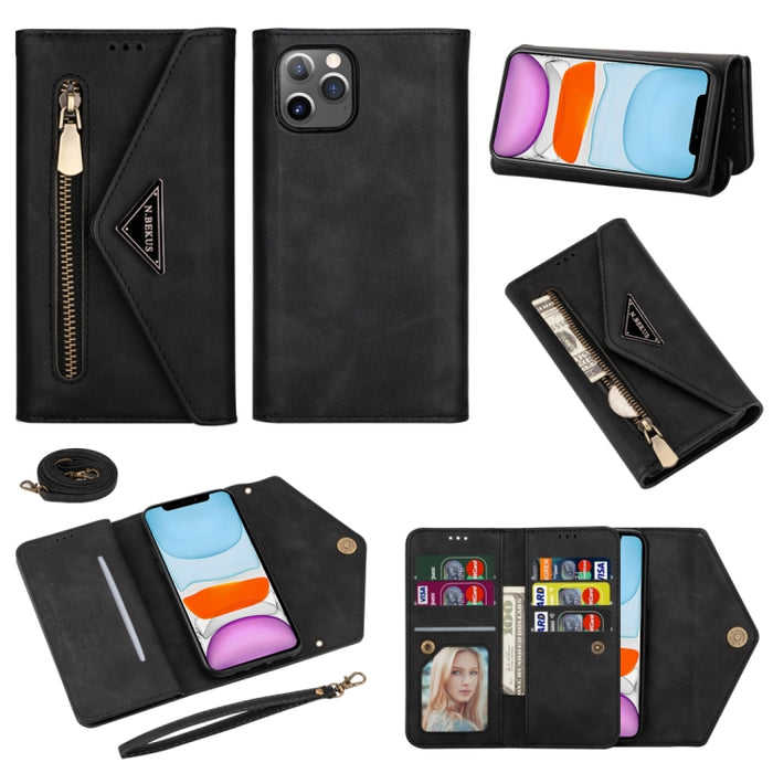 Estuche de cuero con tapa horizontal y cremallera con sensación de piel con soporte y ranuras para tarjetas y marco de fotos y cordón y cuerda larga