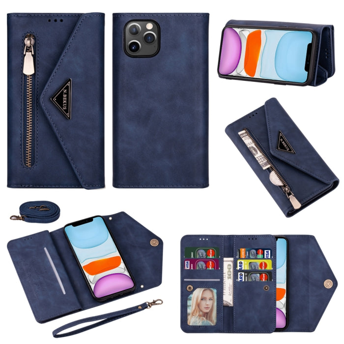 Estuche de cuero con tapa horizontal y cremallera con sensación de piel con soporte y ranuras para tarjetas y marco de fotos y cordón y cuerda larga