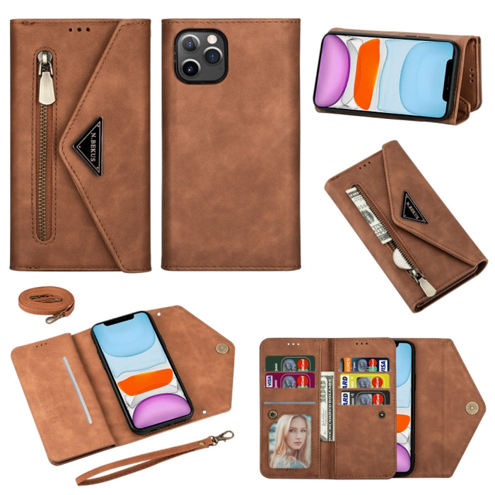 Estuche de cuero con tapa horizontal y cremallera con sensación de piel con soporte y ranuras para tarjetas y marco de fotos y cordón y cuerda larga