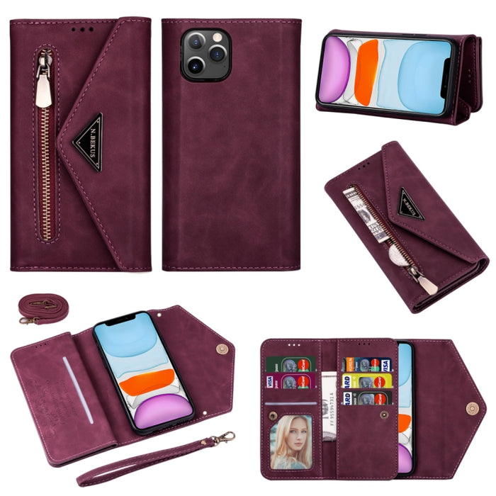 Estuche de cuero con tapa horizontal y cremallera con sensación de piel con soporte y ranuras para tarjetas y marco de fotos y cordón y cuerda larga