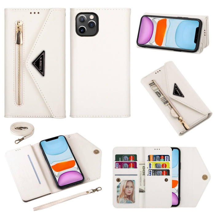 Estuche de cuero con tapa horizontal y cremallera con sensación de piel con soporte y ranuras para tarjetas y marco de fotos y cordón y cuerda larga
