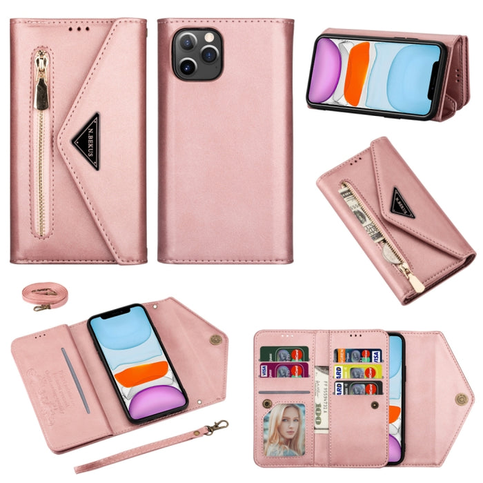 Estuche de cuero con tapa horizontal y cremallera con sensación de piel con soporte y ranuras para tarjetas y marco de fotos y cordón y cuerda larga
