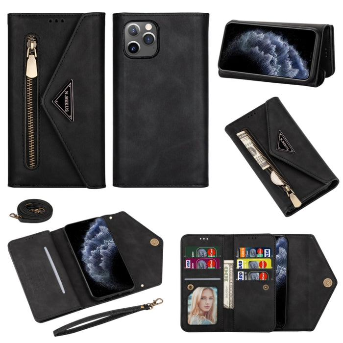 Estuche de cuero con tapa horizontal y cremallera con sensación de piel con soporte y ranuras para tarjetas y marco de fotos y cordón y cuerda larga