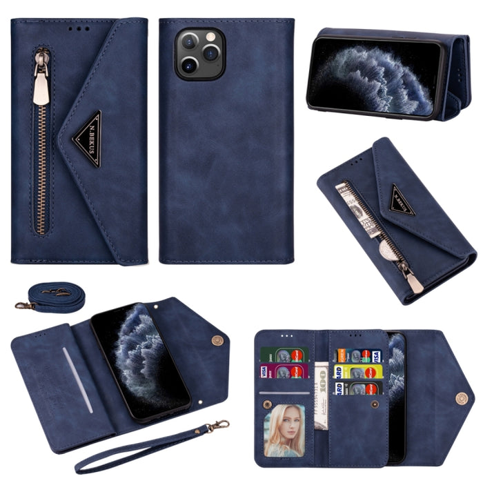Estuche de cuero con tapa horizontal y cremallera con sensación de piel con soporte y ranuras para tarjetas y marco de fotos y cordón y cuerda larga