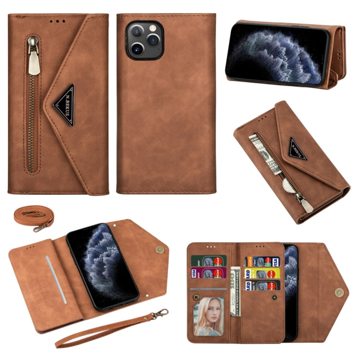 Estuche de cuero con tapa horizontal y cremallera con sensación de piel con soporte y ranuras para tarjetas y marco de fotos y cordón y cuerda larga