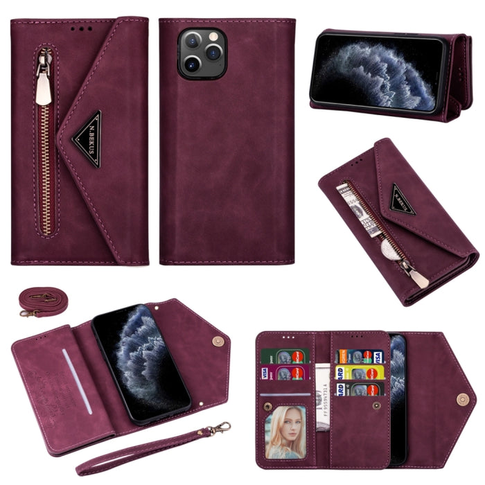 Estuche de cuero con tapa horizontal y cremallera con sensación de piel con soporte y ranuras para tarjetas y marco de fotos y cordón y cuerda larga