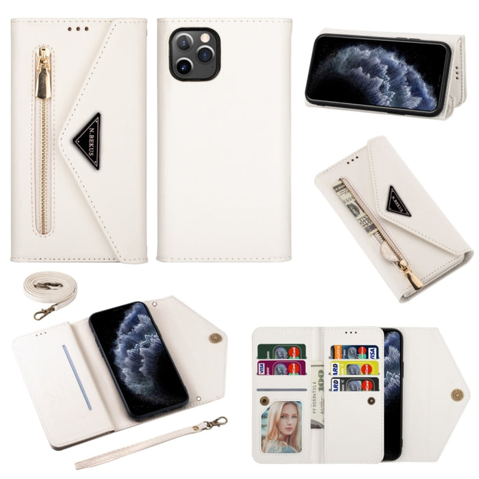 Estuche de cuero con tapa horizontal y cremallera con sensación de piel con soporte y ranuras para tarjetas y marco de fotos y cordón y cuerda larga