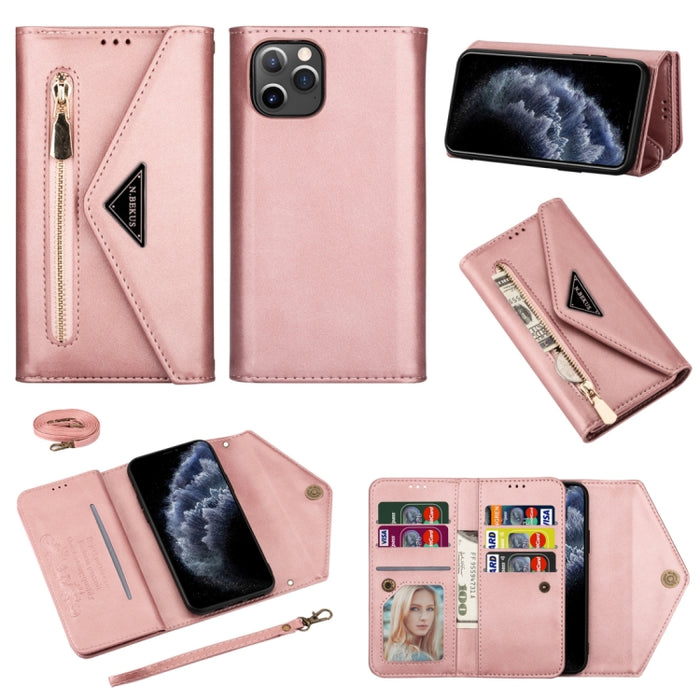 Estuche de cuero con tapa horizontal y cremallera con sensación de piel con soporte y ranuras para tarjetas y marco de fotos y cordón y cuerda larga