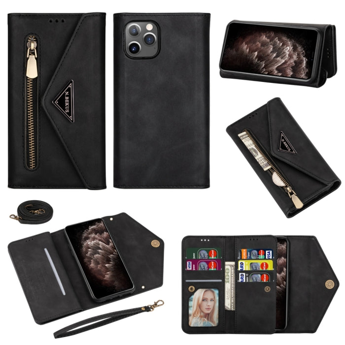 Estuche de cuero con tapa horizontal y cremallera con sensación de piel con soporte y ranuras para tarjetas y marco de fotos y cordón y cuerda larga