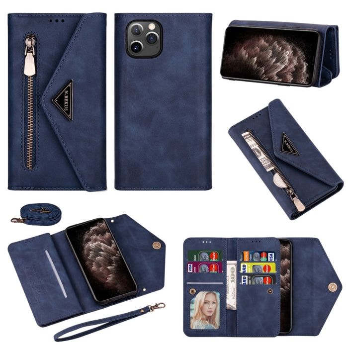 Estuche de cuero con tapa horizontal y cremallera con sensación de piel con soporte y ranuras para tarjetas y marco de fotos y cordón y cuerda larga