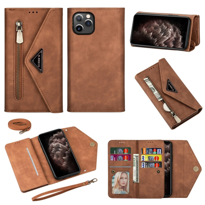 Estuche de cuero con tapa horizontal y cremallera con sensación de piel con soporte y ranuras para tarjetas y marco de fotos y cordón y cuerda larga