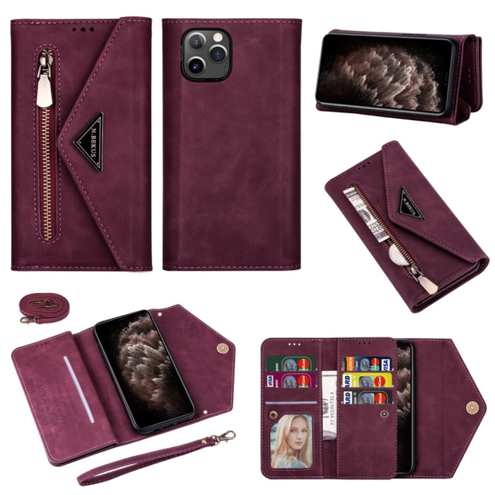Estuche de cuero con tapa horizontal y cremallera con sensación de piel con soporte y ranuras para tarjetas y marco de fotos y cordón y cuerda larga