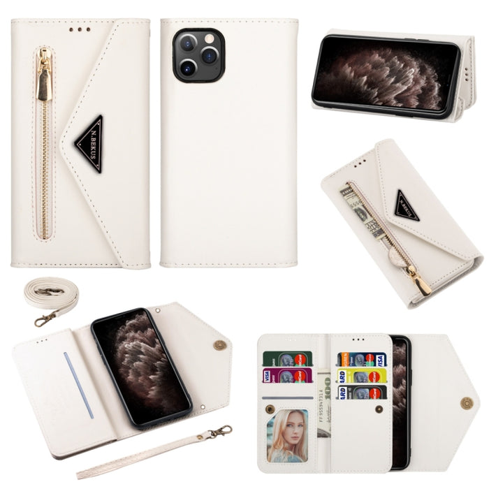 Estuche de cuero con tapa horizontal y cremallera con sensación de piel con soporte y ranuras para tarjetas y marco de fotos y cordón y cuerda larga