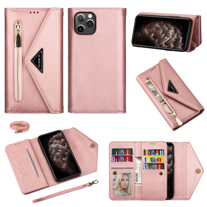 Estuche de cuero con tapa horizontal y cremallera con sensación de piel con soporte y ranuras para tarjetas y marco de fotos y cordón y cuerda larga