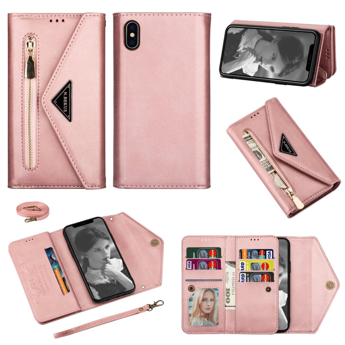 Estuche de cuero con tapa horizontal y cremallera con sensación de piel con soporte y ranuras para tarjetas y marco de fotos y cordón y cuerda larga