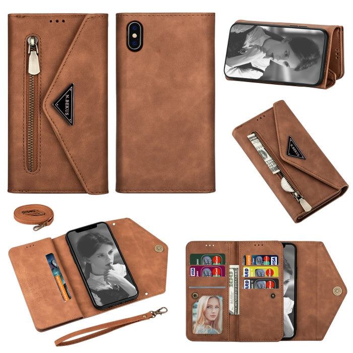 Estuche de cuero con tapa horizontal y cremallera con sensación de piel con soporte y ranuras para tarjetas y marco de fotos y cordón y cuerda larga