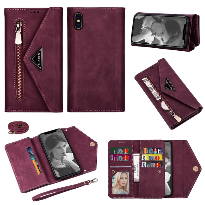 Estuche de cuero con tapa horizontal y cremallera con sensación de piel con soporte y ranuras para tarjetas y marco de fotos y cordón y cuerda larga