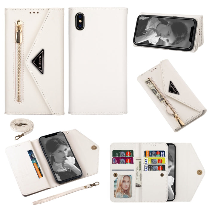 Estuche de cuero con tapa horizontal y cremallera con sensación de piel con soporte y ranuras para tarjetas y marco de fotos y cordón y cuerda larga