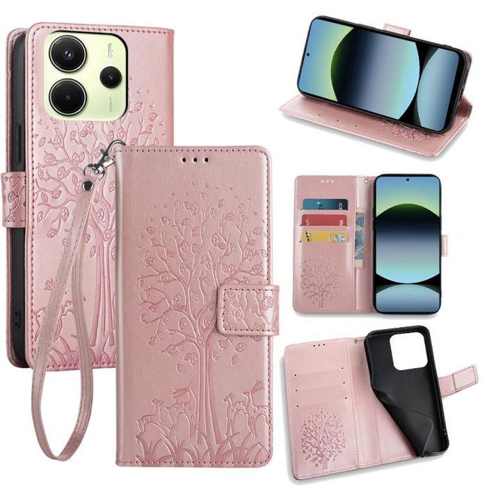 Funda de teléfono de cuero con relieve de árbol y ciervo, For Redmi A7 Pro 171mm / Poco C85x 5G, For Redmi Turbo 5 Max 5G / Poco X8 Pro Max 5G, For Redmi Turbo 5 5G / Poco X8 Pro 5G, For Redmi K90 Pro Max / Poco F8 Ultra, For Redmi Note 15 Pro 4G 163.3...
