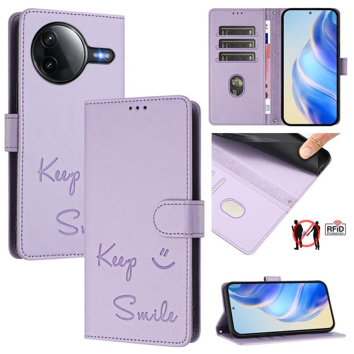 Funda de cuero RFID con relieve de sonrisa para teléfono, For Xiaomi Poco M6 Plus / Redmi 13x 4G, For Xiaomi Poco C71 / Redmi A5 4G 171.7mm, For Xiaomi Poco F7 Pro / F7 Ultra