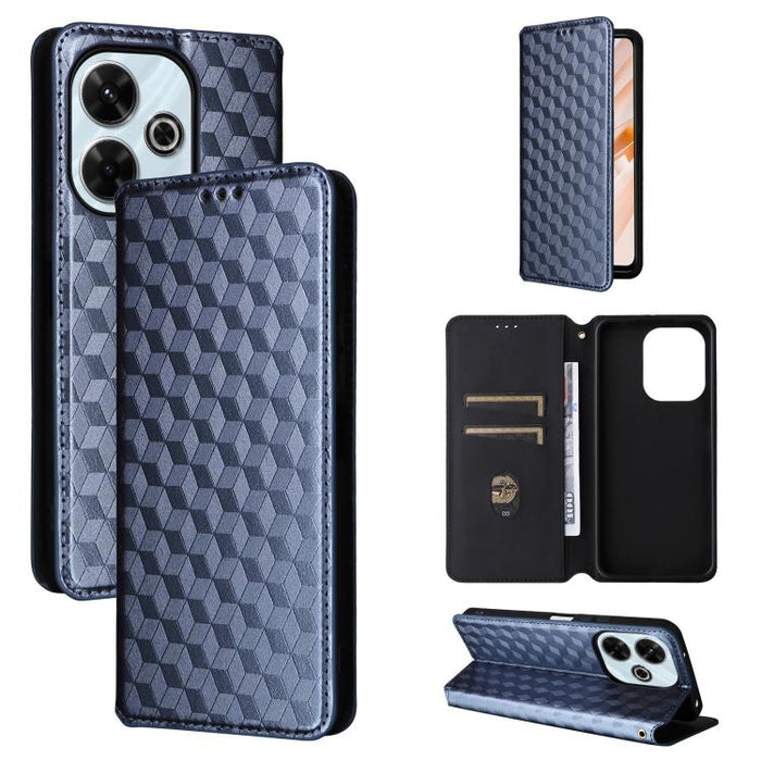 Funda de cuero plegable con textura de cuadrícula cúbica para teléfono, For Redmi K80 / K80 Pro, For Redmi Note 14 Pro 4G Global, For Redmi Note 14 4G 163.25mm, For Redmi Note 14 Pro+ 5G, For Redmi 14C 4G, For Redmi K70 Ultra                           ...