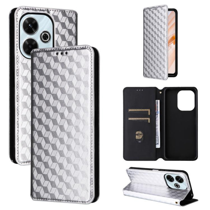 Funda de cuero plegable con textura de cuadrícula cúbica para teléfono, For Redmi K80 / K80 Pro, For Redmi Note 14 Pro 4G Global, For Redmi Note 14 4G 163.25mm, For Redmi Note 14 Pro+ 5G, For Redmi 14C 4G, For Redmi K70 Ultra                           ...