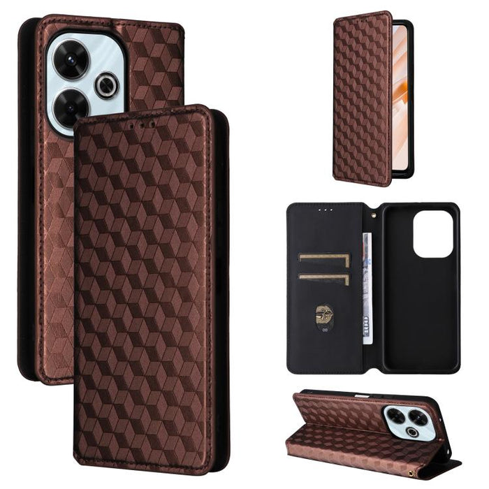Funda de cuero plegable con textura de cuadrícula cúbica para teléfono, For Redmi K80 / K80 Pro, For Redmi Note 14 Pro 4G Global, For Redmi Note 14 4G 163.25mm, For Redmi Note 14 Pro+ 5G, For Redmi 14C 4G, For Redmi K70 Ultra                           ...