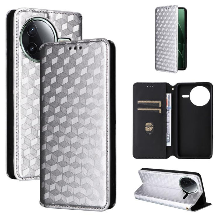 Funda de cuero plegable con textura de cuadrícula cúbica para teléfono, For Redmi K80 / K80 Pro, For Redmi Note 14 Pro 4G Global, For Redmi Note 14 4G 163.25mm, For Redmi Note 14 Pro+ 5G, For Redmi 14C 4G, For Redmi K70 Ultra                           ...