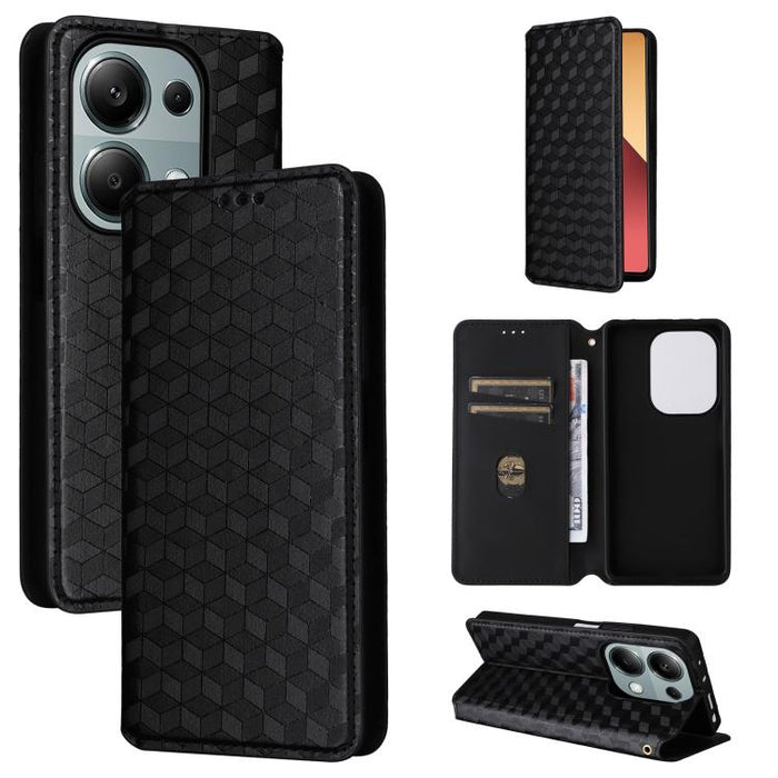 Funda de cuero plegable con textura de cuadrícula cúbica para teléfono, For Redmi K80 / K80 Pro, For Redmi Note 14 Pro 4G Global, For Redmi Note 14 4G 163.25mm, For Redmi Note 14 Pro+ 5G, For Redmi 14C 4G, For Redmi K70 Ultra                           ...