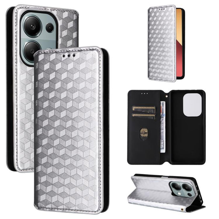 Funda de cuero plegable con textura de cuadrícula cúbica para teléfono, For Redmi K80 / K80 Pro, For Redmi Note 14 Pro 4G Global, For Redmi Note 14 4G 163.25mm, For Redmi Note 14 Pro+ 5G, For Redmi 14C 4G, For Redmi K70 Ultra                           ...