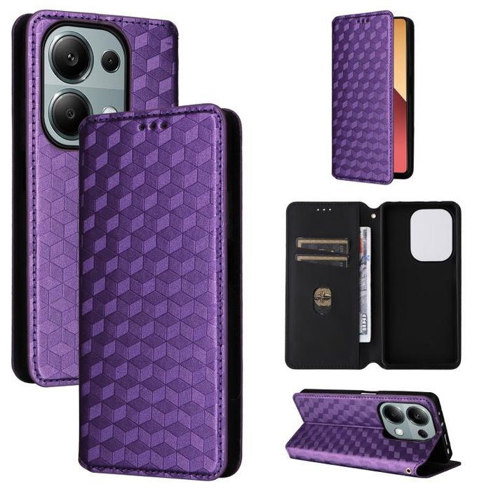 Funda de cuero plegable con textura de cuadrícula cúbica para teléfono, For Redmi K80 / K80 Pro, For Redmi Note 14 Pro 4G Global, For Redmi Note 14 4G 163.25mm, For Redmi Note 14 Pro+ 5G, For Redmi 14C 4G, For Redmi K70 Ultra                           ...