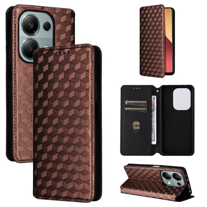 Funda de cuero plegable con textura de cuadrícula cúbica para teléfono, For Redmi K80 / K80 Pro, For Redmi Note 14 Pro 4G Global, For Redmi Note 14 4G 163.25mm, For Redmi Note 14 Pro+ 5G, For Redmi 14C 4G, For Redmi K70 Ultra                           ...