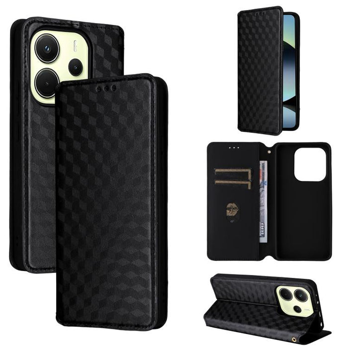 Funda de cuero plegable con textura de cuadrícula cúbica para teléfono, For Redmi K80 / K80 Pro, For Redmi Note 14 Pro 4G Global, For Redmi Note 14 4G 163.25mm, For Redmi Note 14 Pro+ 5G, For Redmi 14C 4G, For Redmi K70 Ultra                           ...