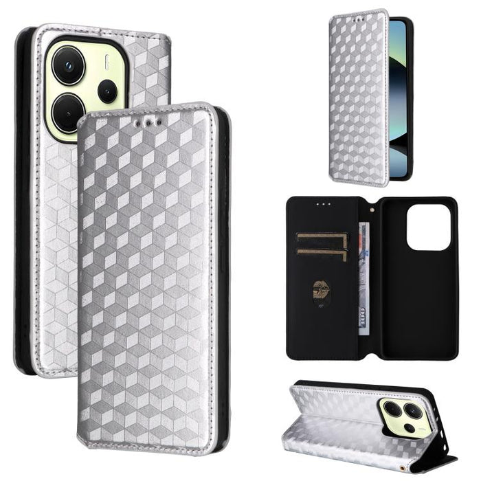 Funda de cuero plegable con textura de cuadrícula cúbica para teléfono, For Redmi K80 / K80 Pro, For Redmi Note 14 Pro 4G Global, For Redmi Note 14 4G 163.25mm, For Redmi Note 14 Pro+ 5G, For Redmi 14C 4G, For Redmi K70 Ultra                           ...