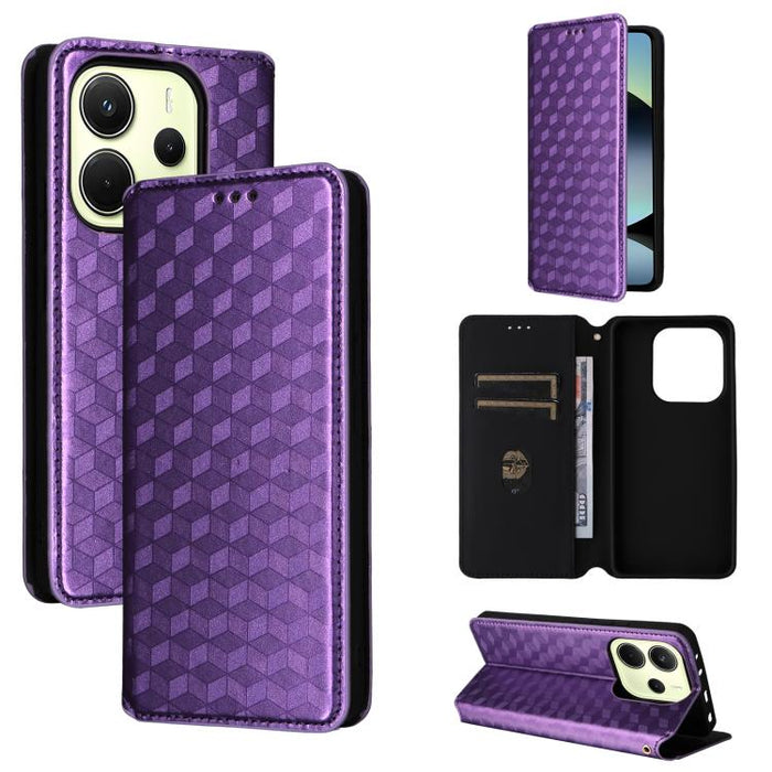 Funda de cuero plegable con textura de cuadrícula cúbica para teléfono, For Redmi K80 / K80 Pro, For Redmi Note 14 Pro 4G Global, For Redmi Note 14 4G 163.25mm, For Redmi Note 14 Pro+ 5G, For Redmi 14C 4G, For Redmi K70 Ultra                           ...