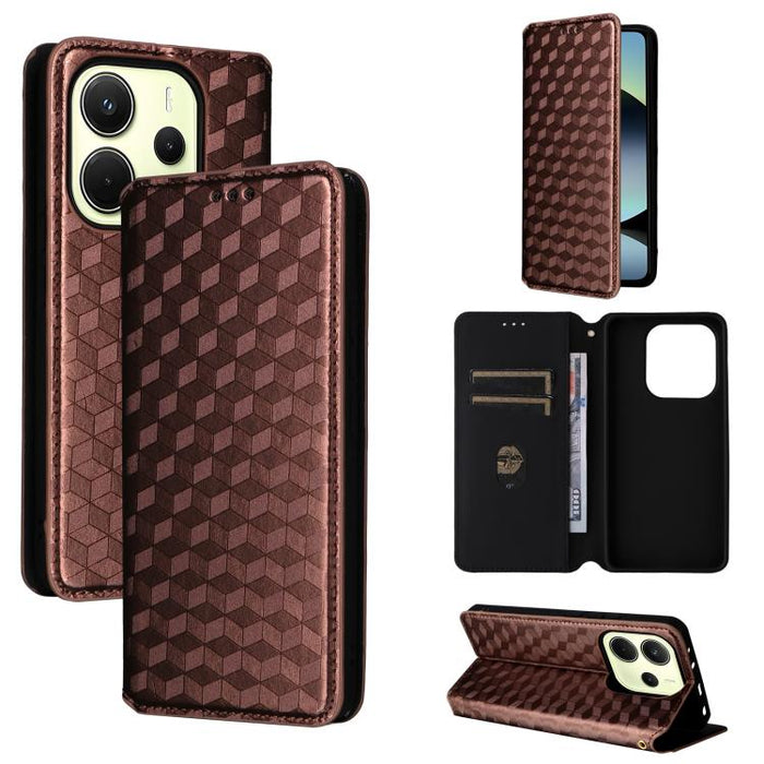 Funda de cuero plegable con textura de cuadrícula cúbica para teléfono, For Redmi K80 / K80 Pro, For Redmi Note 14 Pro 4G Global, For Redmi Note 14 4G 163.25mm, For Redmi Note 14 Pro+ 5G, For Redmi 14C 4G, For Redmi K70 Ultra                           ...