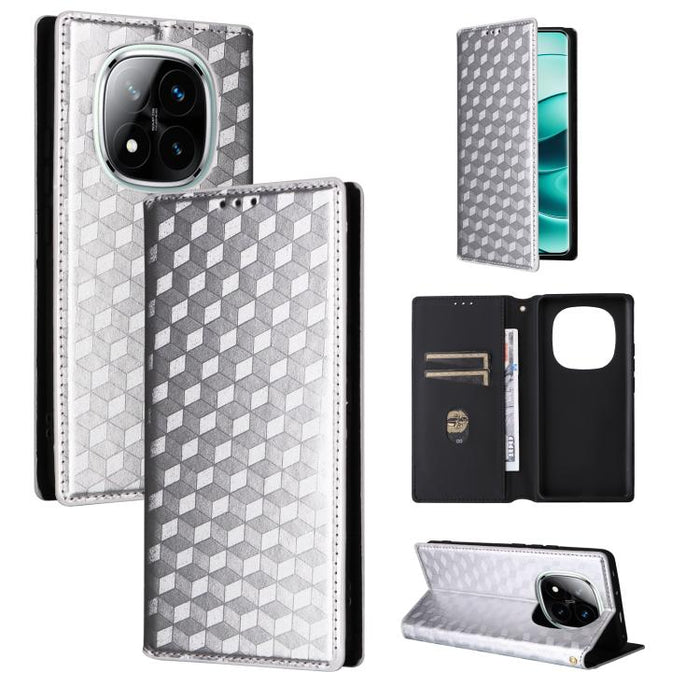 Funda de cuero plegable con textura de cuadrícula cúbica para teléfono, For Redmi K80 / K80 Pro, For Redmi Note 14 Pro 4G Global, For Redmi Note 14 4G 163.25mm, For Redmi Note 14 Pro+ 5G, For Redmi 14C 4G, For Redmi K70 Ultra                           ...