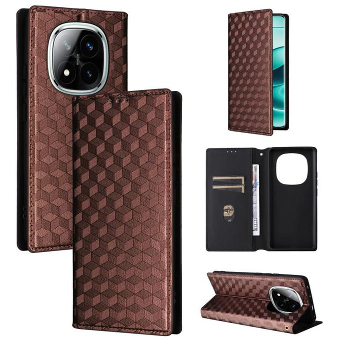 Funda de cuero plegable con textura de cuadrícula cúbica para teléfono, For Redmi K80 / K80 Pro, For Redmi Note 14 Pro 4G Global, For Redmi Note 14 4G 163.25mm, For Redmi Note 14 Pro+ 5G, For Redmi 14C 4G, For Redmi K70 Ultra                           ...