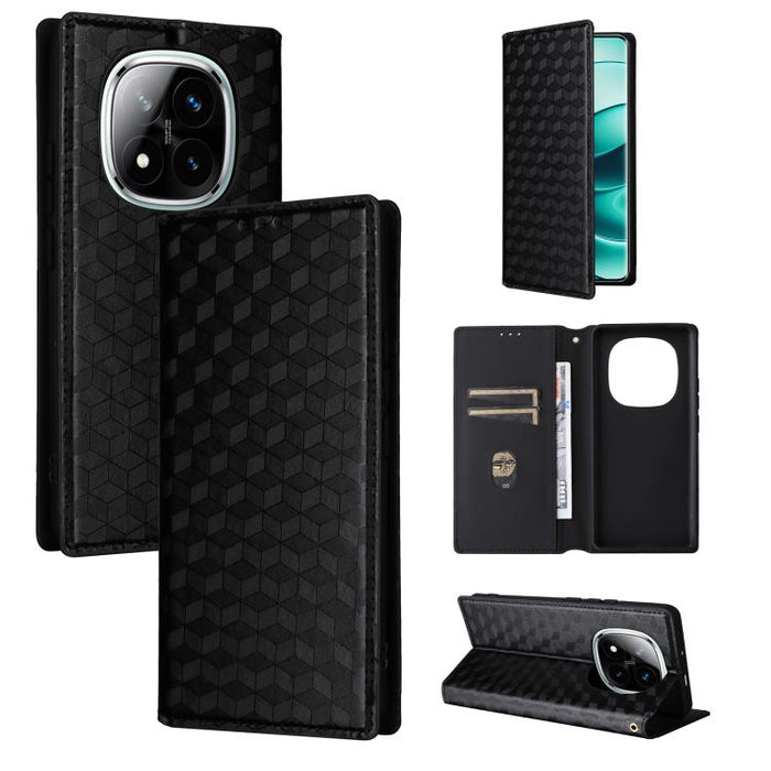 Funda de cuero plegable con textura de cuadrícula cúbica para teléfono, For Redmi K80 / K80 Pro, For Redmi Note 14 Pro 4G Global, For Redmi Note 14 4G 163.25mm, For Redmi Note 14 Pro+ 5G, For Redmi 14C 4G, For Redmi K70 Ultra                           ...