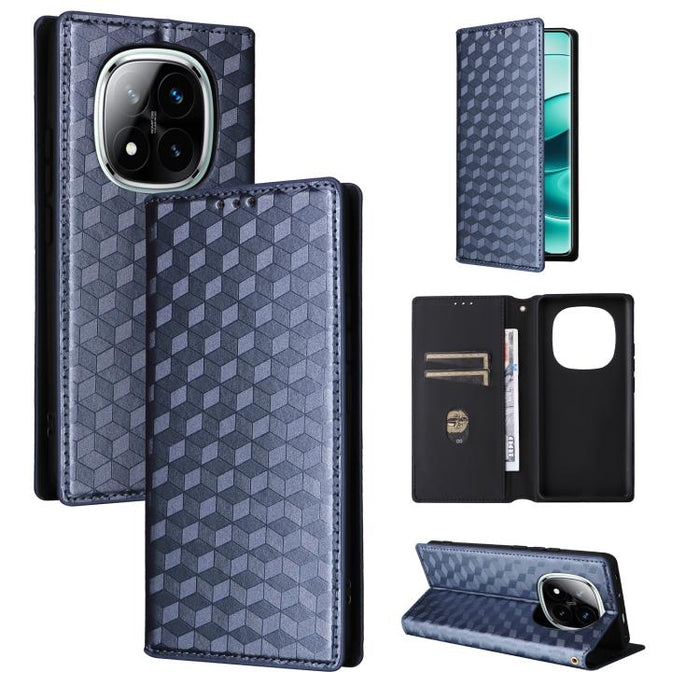 Funda de cuero plegable con textura de cuadrícula cúbica para teléfono, For Redmi K80 / K80 Pro, For Redmi Note 14 Pro 4G Global, For Redmi Note 14 4G 163.25mm, For Redmi Note 14 Pro+ 5G, For Redmi 14C 4G, For Redmi K70 Ultra                           ...