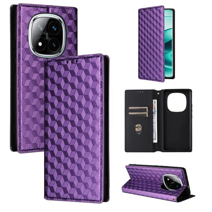Funda de cuero plegable con textura de cuadrícula cúbica para teléfono, For Redmi K80 / K80 Pro, For Redmi Note 14 Pro 4G Global, For Redmi Note 14 4G 163.25mm, For Redmi Note 14 Pro+ 5G, For Redmi 14C 4G, For Redmi K70 Ultra                           ...
