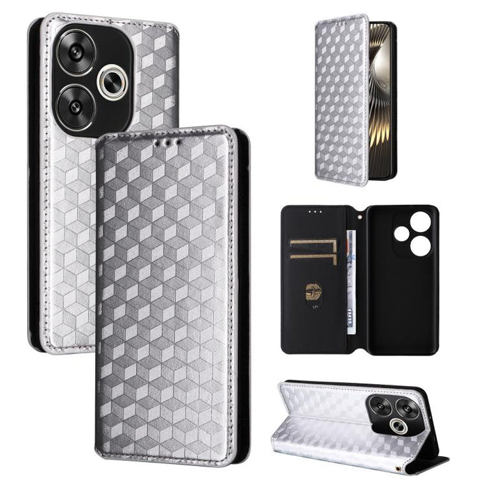 Funda de cuero plegable con textura de cuadrícula cúbica para teléfono, For Redmi K80 / K80 Pro, For Redmi Note 14 Pro 4G Global, For Redmi Note 14 4G 163.25mm, For Redmi Note 14 Pro+ 5G, For Redmi 14C 4G, For Redmi K70 Ultra                           ...